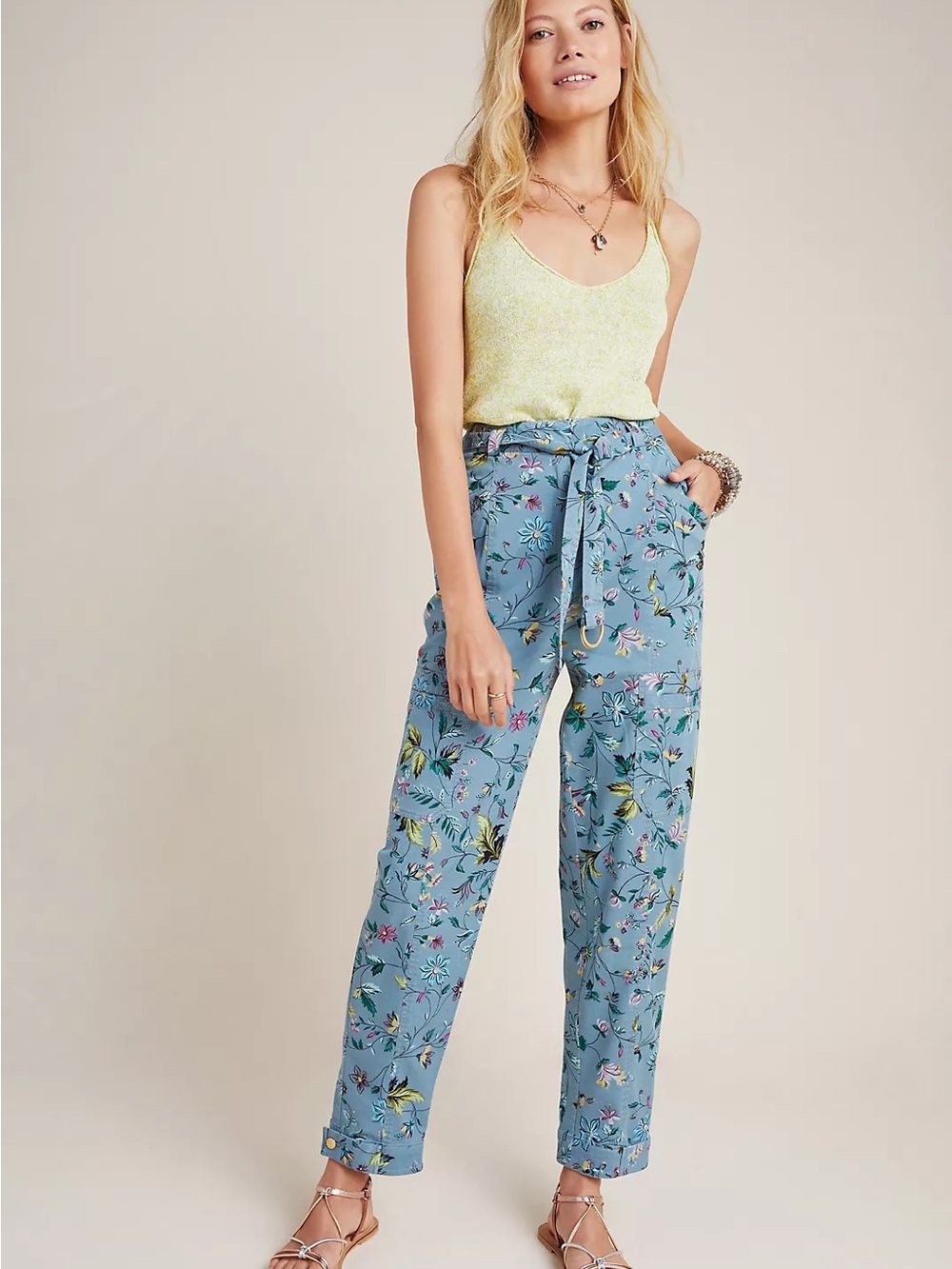 Anthropologie Blue Floral Tie-Waist Straight-Leg Pants